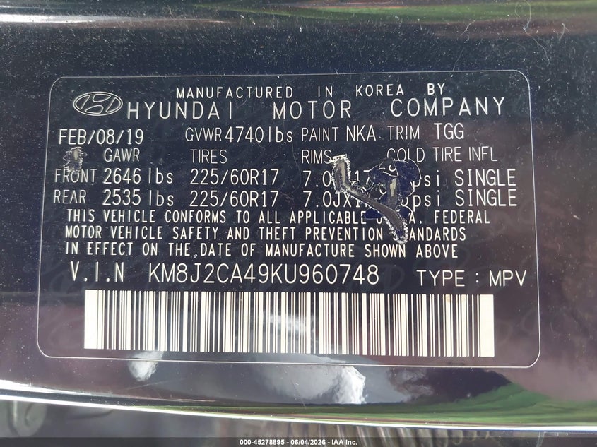 2019 Hyundai Tucson Se VIN: KM8J2CA49KU960748 Lot: 45278895