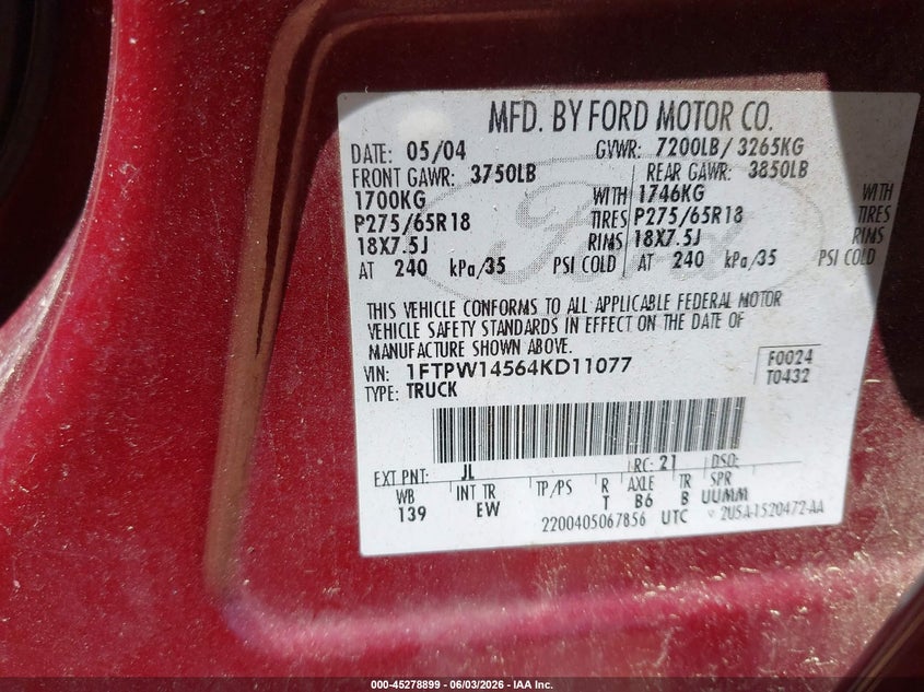 2004 FORD F-150 TRUCK 5.4L V-8 VVT, 300HP