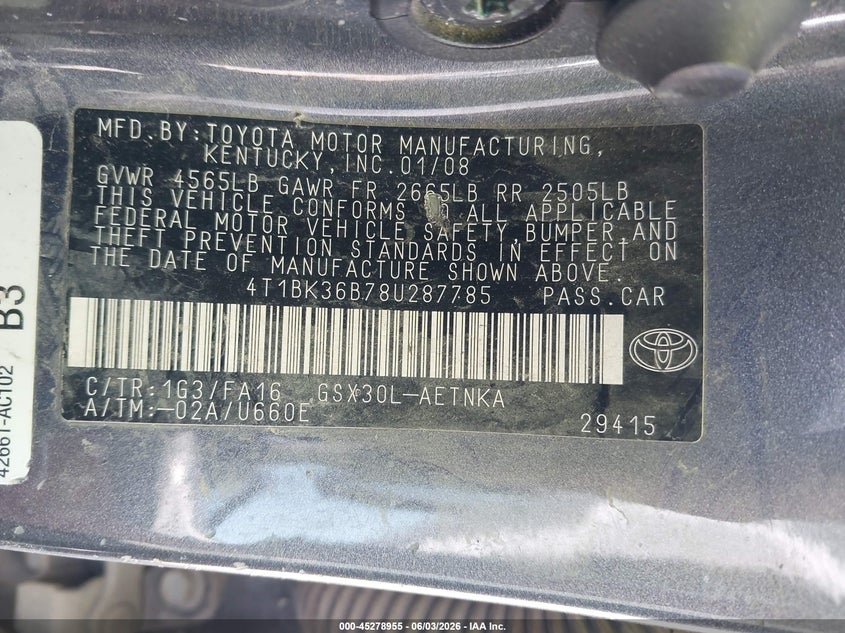 2008 Toyota Avalon Xl VIN: 4T1BK36B78U287785 Lot: 45278955