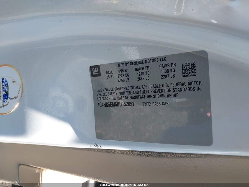 2011 Buick Lucerne Cxl VIN: 1G4HC5EM6BU152651 Lot: 45279009