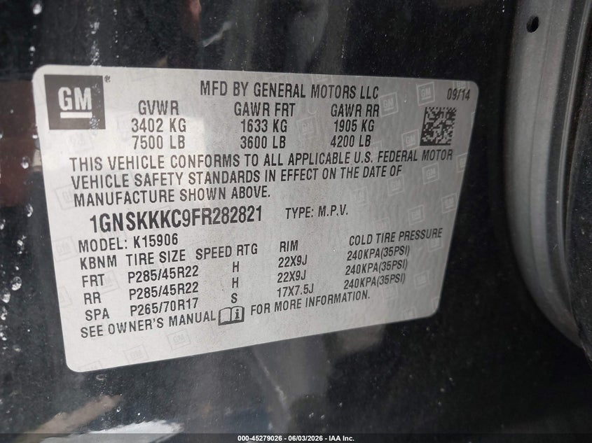 2015 Chevrolet Suburban 1500 Ltz VIN: 1GNSKKKC9FR282821 Lot: 45279026