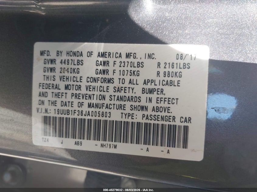 2018 Acura Tlx VIN: 19UUB1F36JA005803 Lot: 45279032
