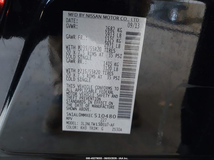2014 Infiniti Qx60 VIN: 5N1AL0MMXEC510480 Lot: 45279055