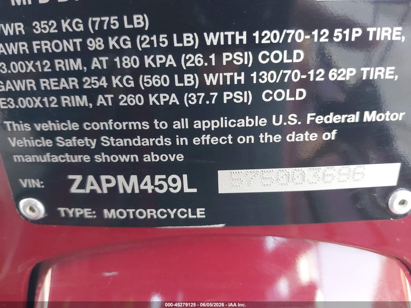 2007 Vespa Gts 250 VIN: ZAPM459L575003696 Lot: 45279125