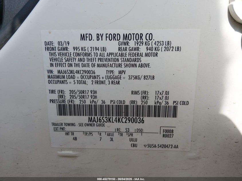 2019 Ford Ecosport Titanium VIN: MAJ6S3KL4KC290036 Lot: 45279150