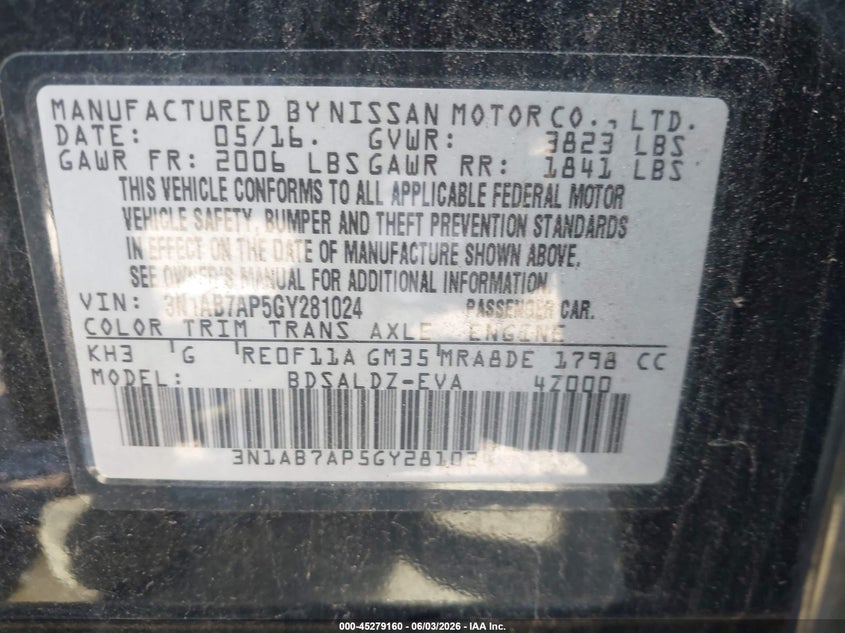 2016 Nissan Sentra Sv VIN: 3N1AB7AP5GY281024 Lot: 45279160