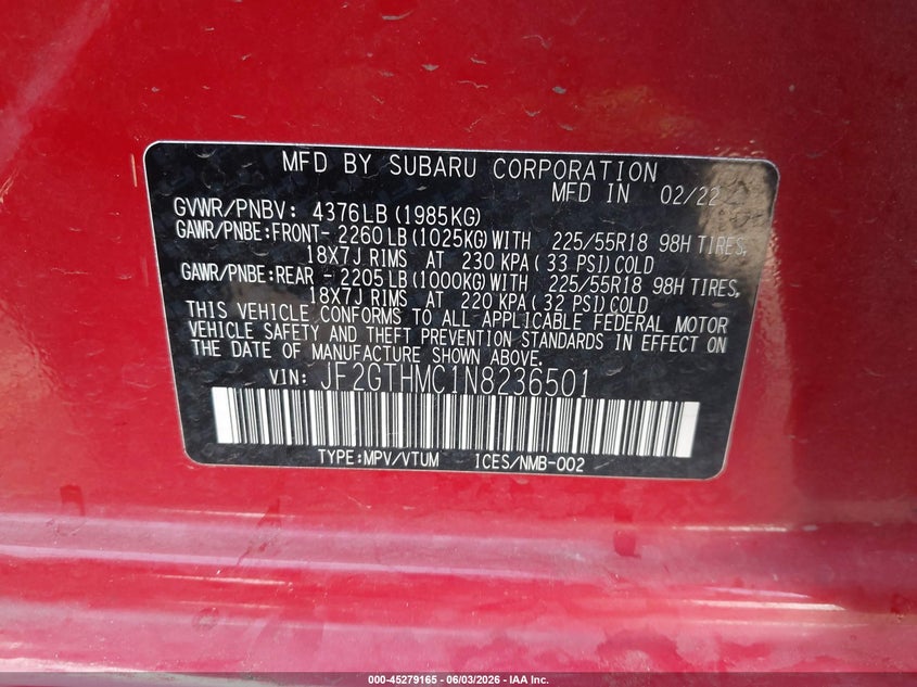 2022 Subaru Crosstrek Limited VIN: JF2GTHMC1N8236501 Lot: 45279165