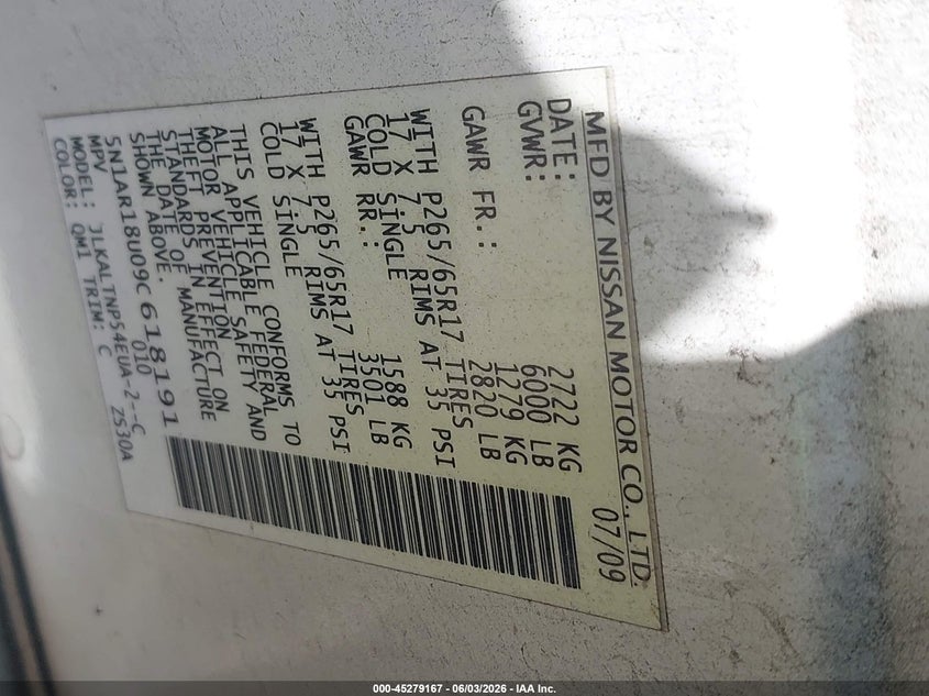 2009 Nissan Pathfinder Se VIN: 5N1AR18U09C618191 Lot: 45279167