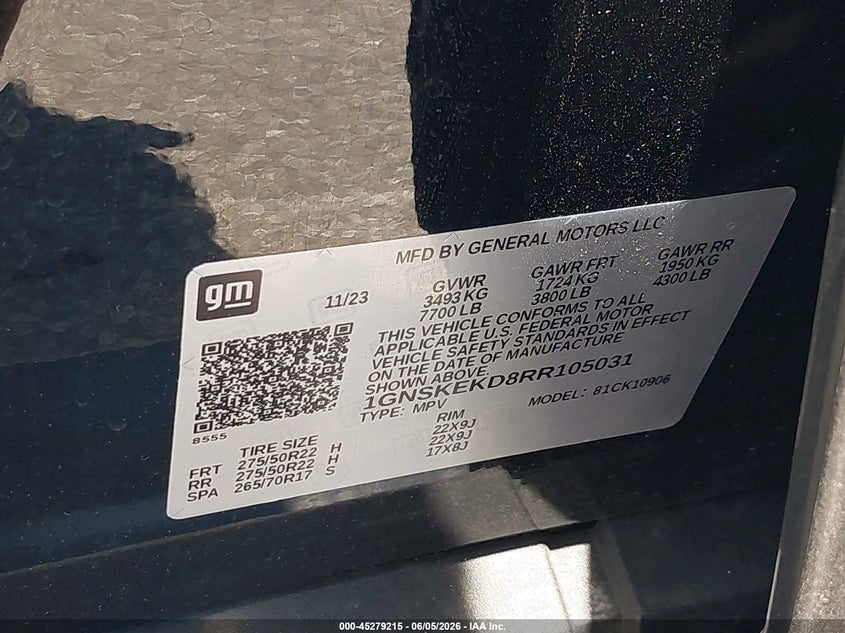 2024 CHEVROLET SUBURBAN 5.3L V-8 DI, VVT, 35(VIN: 1GNSKEKD8RR105031