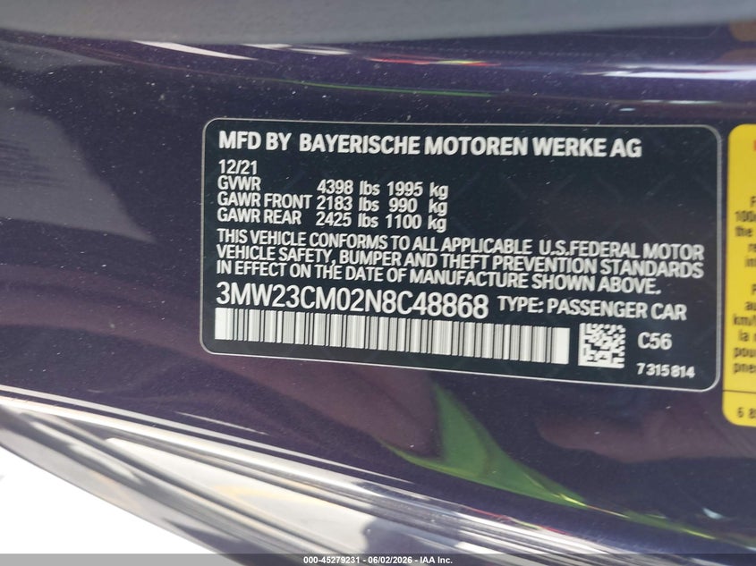 2022 BMW 230 I VIN: 3MW23CM02N8C48868 Lot: 45279231