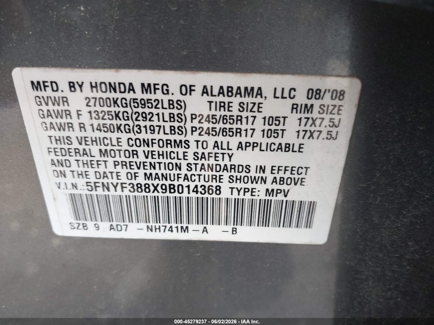 2009 Honda Pilot 3.5 Touring grey Lot 111045279237 Vin 5FNYF388X9B014368