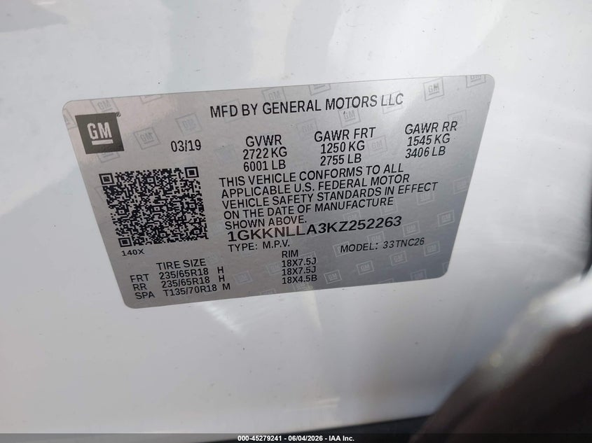 2019 GMC Acadia Sle-2 VIN: 1GKKNLLA3KZ252263 Lot: 45279241