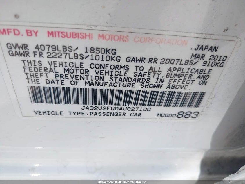 2010 Mitsubishi Lancer Es VIN: JA32U2FU0AU027100 Lot: 45279260