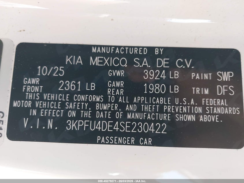 2025 Kia K4 Ex VIN: 3KPFU4DE4SE230422 Lot: 45279271