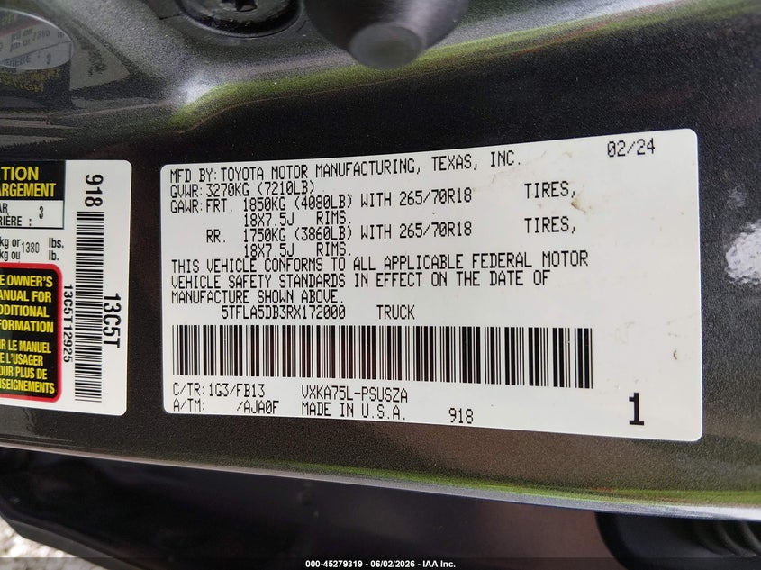 2024 Toyota Tundra Sr5 VIN: 5TFLA5DB3RX172000 Lot: 45279319