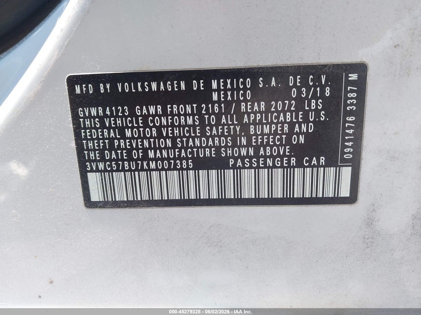 2019 Volkswagen Jetta 1.4T R-Line/1.4T S/1.4T Se VIN: 3VWC57BU7KM007385 Lot: 45279328