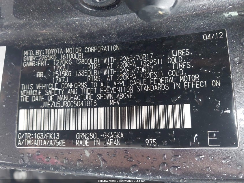 2012 Toyota 4Runner Sr5 VIN: JTEZU5JR0C5041818 Lot: 45279399