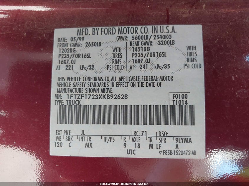 1999 Ford F-150 Work Series/Xl/Xlt VIN: 1FTZF1723XKB92628 Lot: 45279442