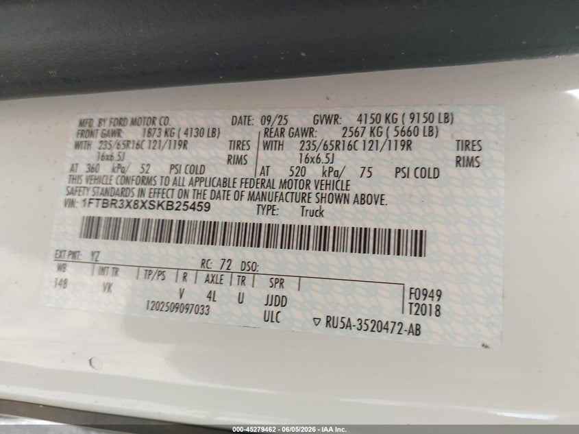 2025 FORD TRANSIT-250 CARGO VAN 3.5L V-6 DI, DOHC, V(VIN: 1FTBR3X8XSKB25459