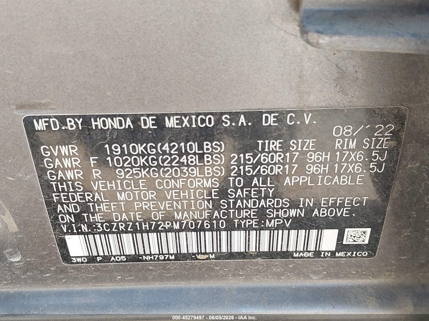 2023 HONDA HR-V 2.0L I-4 DI, DOHC, V(VIN: 3CZRZ1H72PM707610