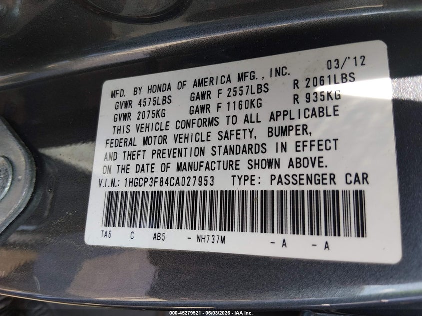 2012 Honda Accord 3.5 3.5 Ex-L grey Lot 111045279521 Vin 1HGCP3F84CA027953