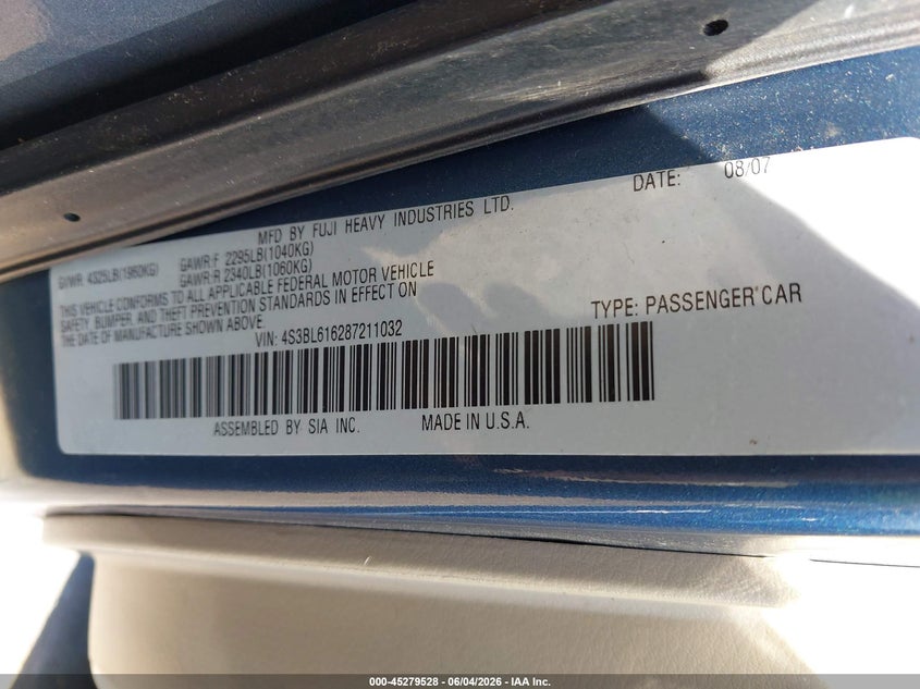 2008 Subaru Legacy 2.5I VIN: 4S3BL616287211032 Lot: 45279528