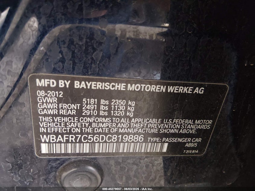 2013 BMW 535I VIN: WBAFR7C56DC819886 Lot: 45279557