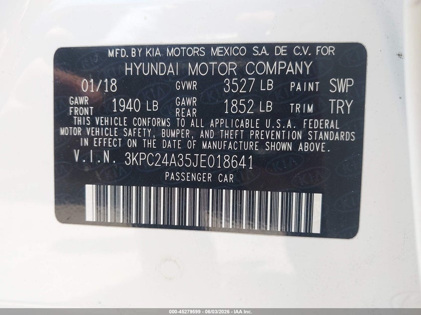2018 Hyundai Accent Se VIN: 3KPC24A35JE018641 Lot: 45279599
