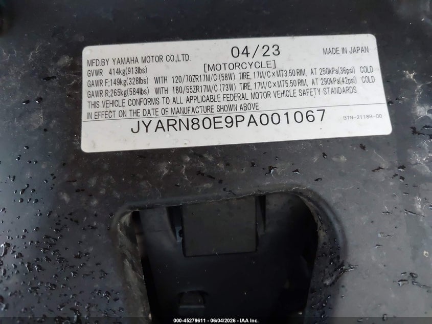 2023 Yamaha Mtm890 VIN: JYARN80E9PA001067 Lot: 45279611