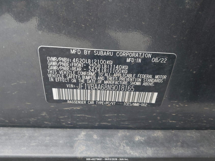 2022 Subaru Wrx VIN: JF1VBAA68N9018165 Lot: 45279681