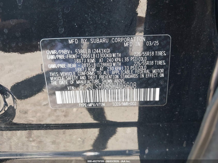 2025 Subaru Forester Limited Hybrid VIN: JF2SLSRD5SH403608 Lot: 45279709