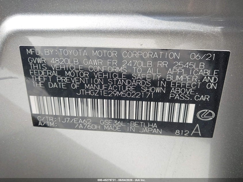 2021 Lexus Is 350 F Sport VIN: JTHGZ1E29M5022171 Lot: 45279731