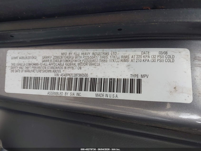 2008 Subaru Outback 2.5I Limited/2.5I Limited L.l. Bean Edition VIN: 4S4BP62C287360500 Lot: 45279736
