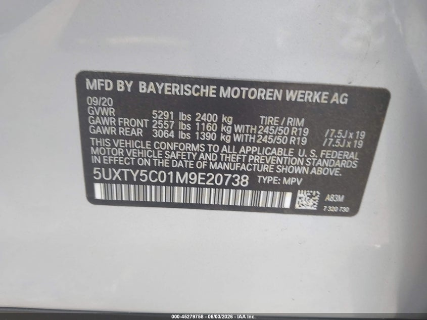 2021 BMW X3 xDrive30I VIN: 5UXTY5C01M9E20738 Lot: 45279758