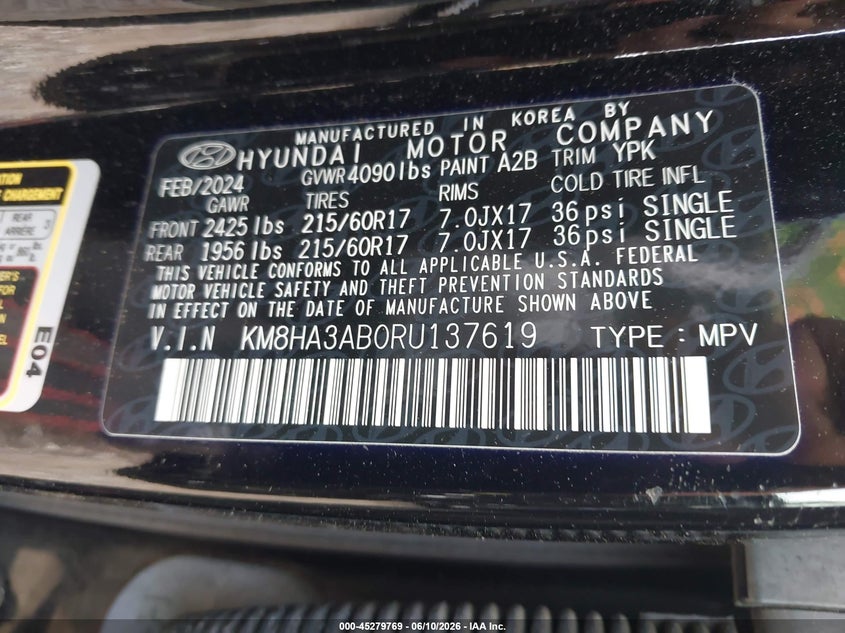 2024 Hyundai Kona Se VIN: KM8HA3AB0RU137619 Lot: 45279769