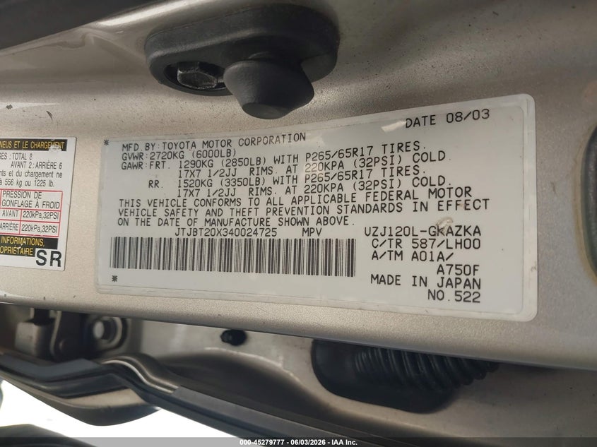 2004 Lexus Gx 470 VIN: JTJBT20X340024725 Lot: 45279777
