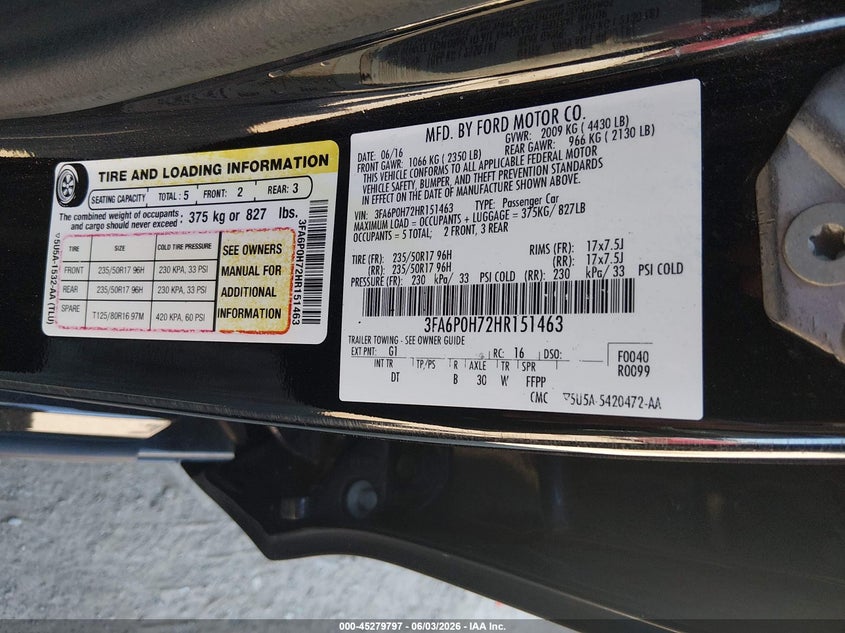2017 Ford Fusion Se VIN: 3FA6P0H72HR151463 Lot: 45279797