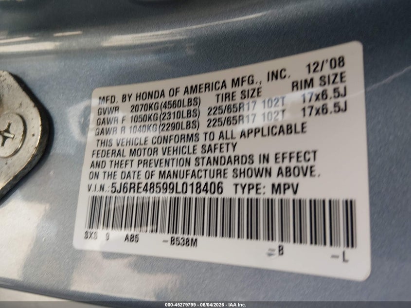2009 Honda Cr-V Ex VIN: 5J6RE48599L018406 Lot: 45279799