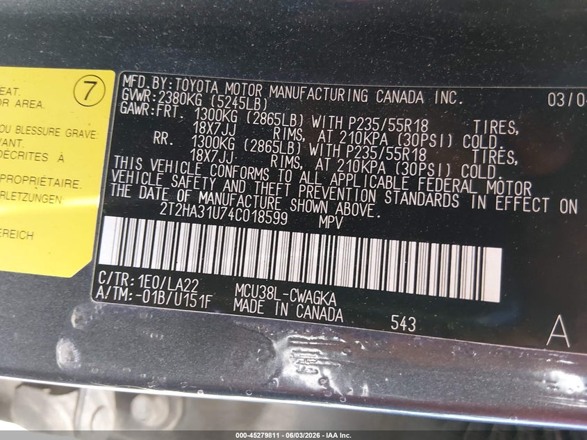 2004 Lexus Rx 330 VIN: 2T2HA31U74C018599 Lot: 45279811