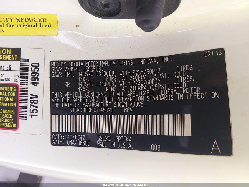 2013 Toyota Sienna Le V6 8 Passenger VIN: 5TDKK3DC6DS345920 Lot: 45279815