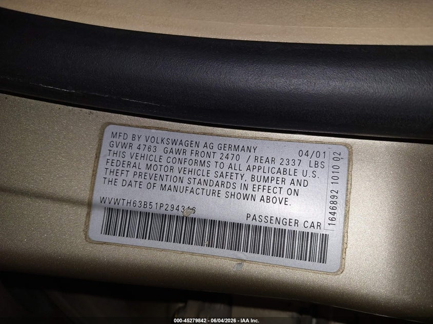 2001 Volkswagen Passat Glx VIN: WVWTH63B51P294316 Lot: 45279842