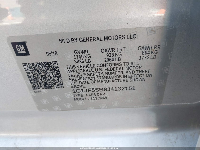 2018 Chevrolet Sonic Premier Auto VIN: 1G1JF5SB8J4132151 Lot: 45279852