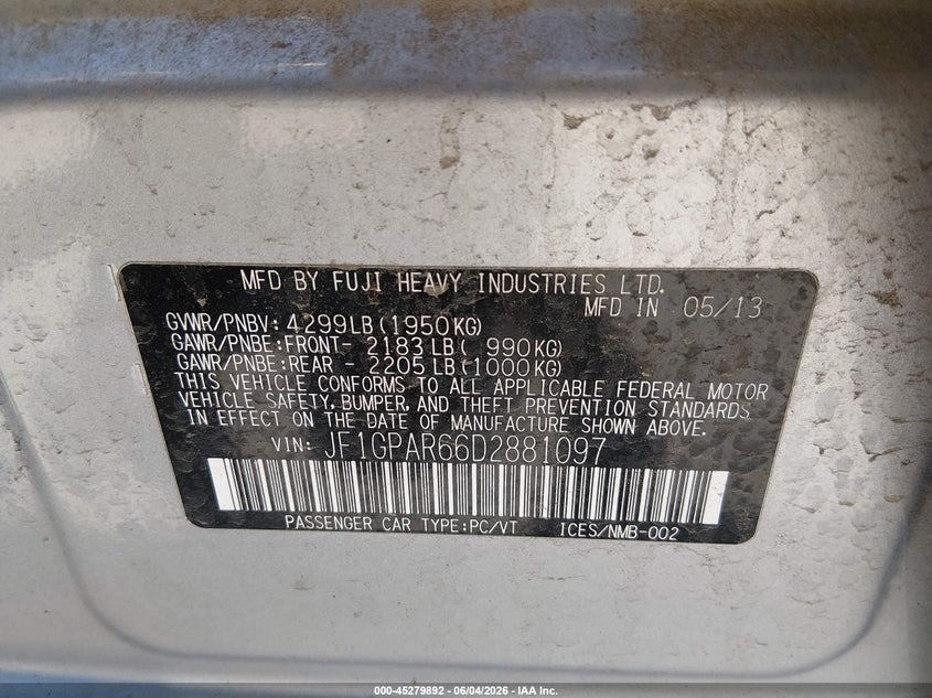 2013 Subaru Impreza 2.0I Sport Limited VIN: JF1GPAR66D2881097 Lot: 45279892