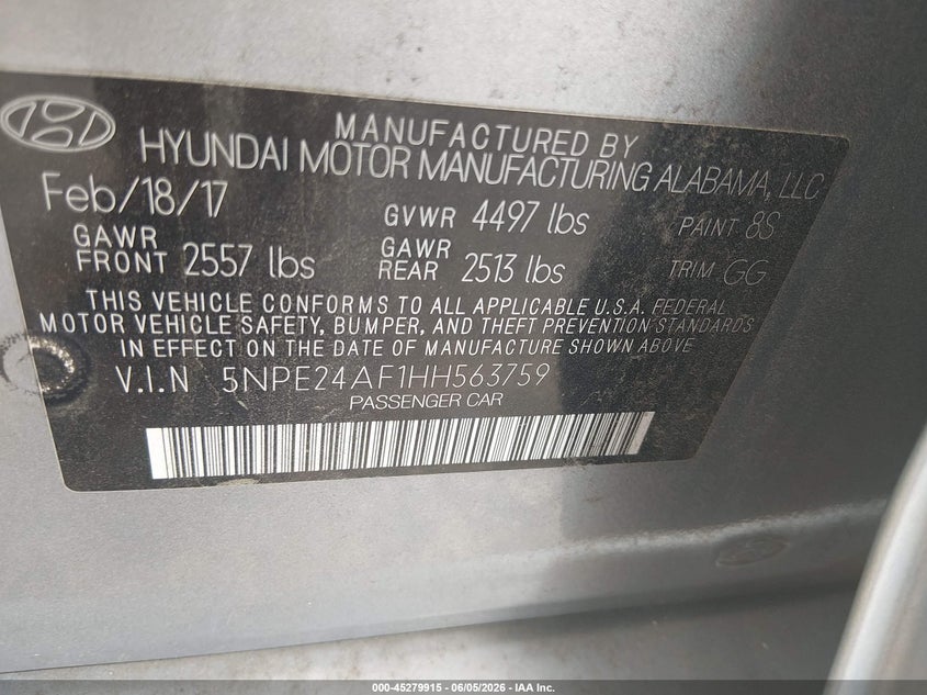 VIN 5NPE24AF1HH563759 2017 HYUNDAI SONATA