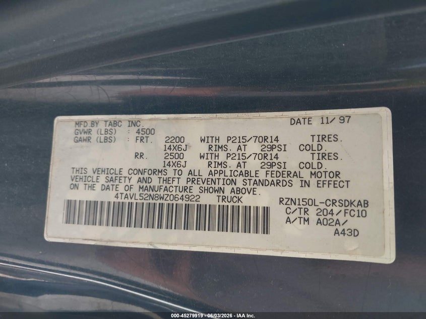 1998 Toyota Tacoma VIN: 4TAVL52N8WZ064922 Lot: 45279919