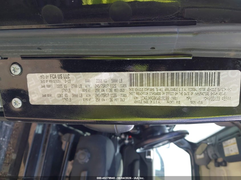 2019 Jeep Wrangler Sport S 4X4 VIN: 1C4GJXAG8KW619199 Lot: 45279948