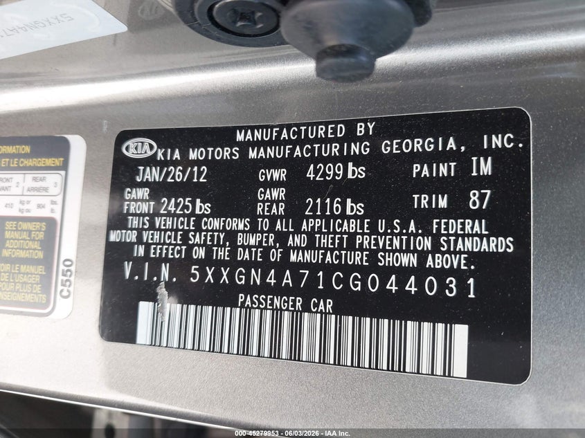 2012 Kia Optima Ex VIN: 5XXGN4A71CG044031 Lot: 45279953