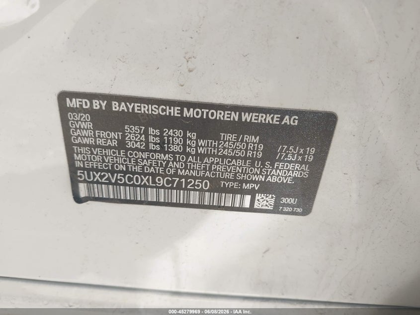 BMW X4 2020 VIN 5UX2V5C0XL9C71250