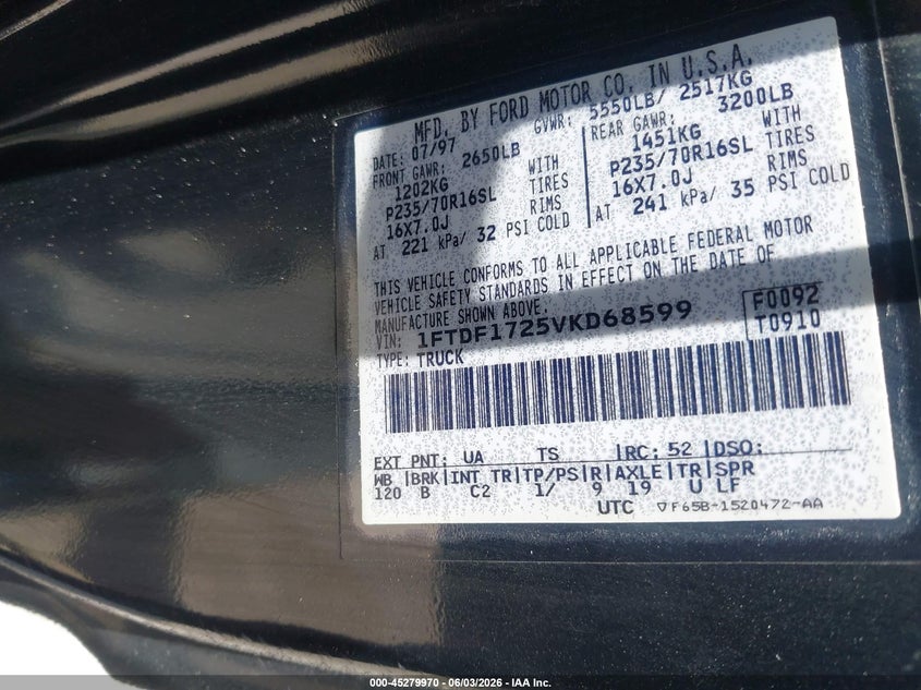 1997 Ford F-150 Standard/Xl/Xlt VIN: 1FTDF1725VKD68599 Lot: 45279970