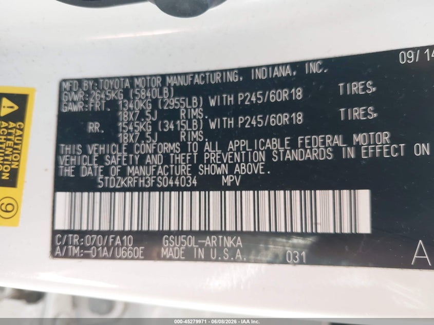 2015 TOYOTA HIGHLANDER SPORT UTILITY VEHICLE 3.5L V-6 DOHC, VVT, 270HP